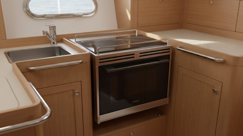 Electric gimballed marine oven enclosure installed in a modern yacht galley, featuring a stainless-steel induction hob and Panasonic combination oven.